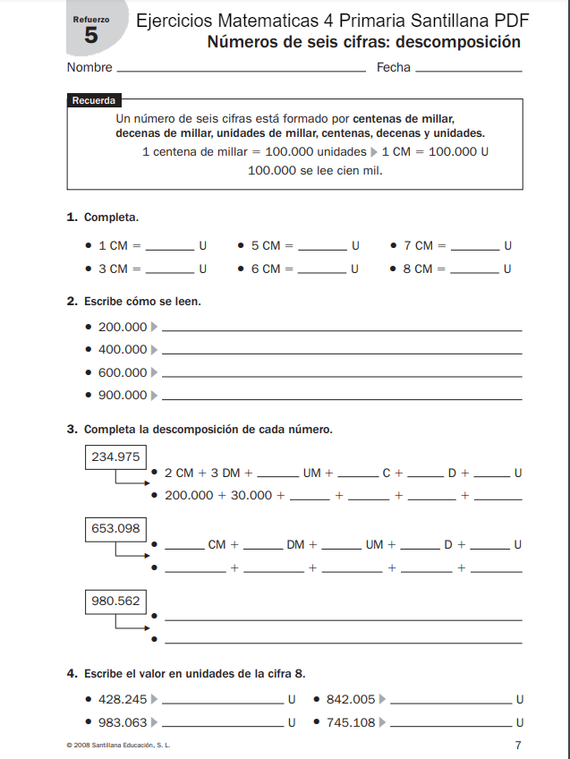 Ejercicios Matematicas 4 Primaria Santillana PDF